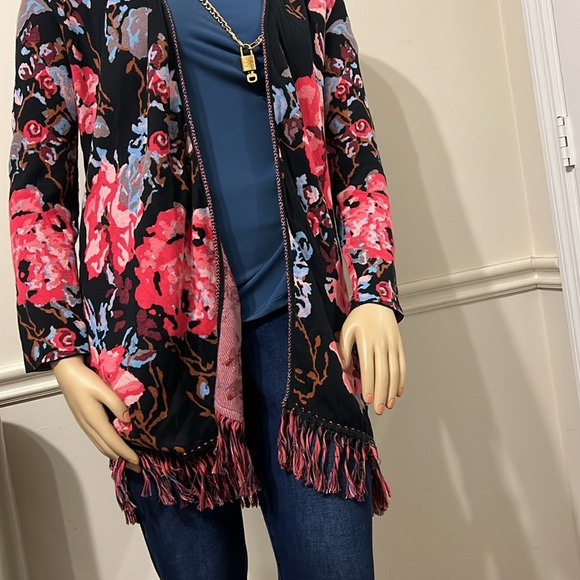 INC FLORAL OPEN LONG SWEATER DUSTER SIZE MEDIUM Fringes Embroidered - Picture 9 of 10